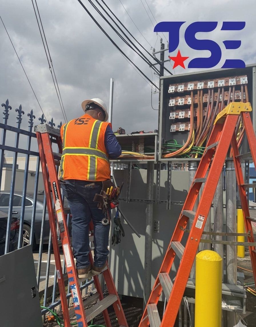 Tex-Star electrician wiring a commercial meter bank