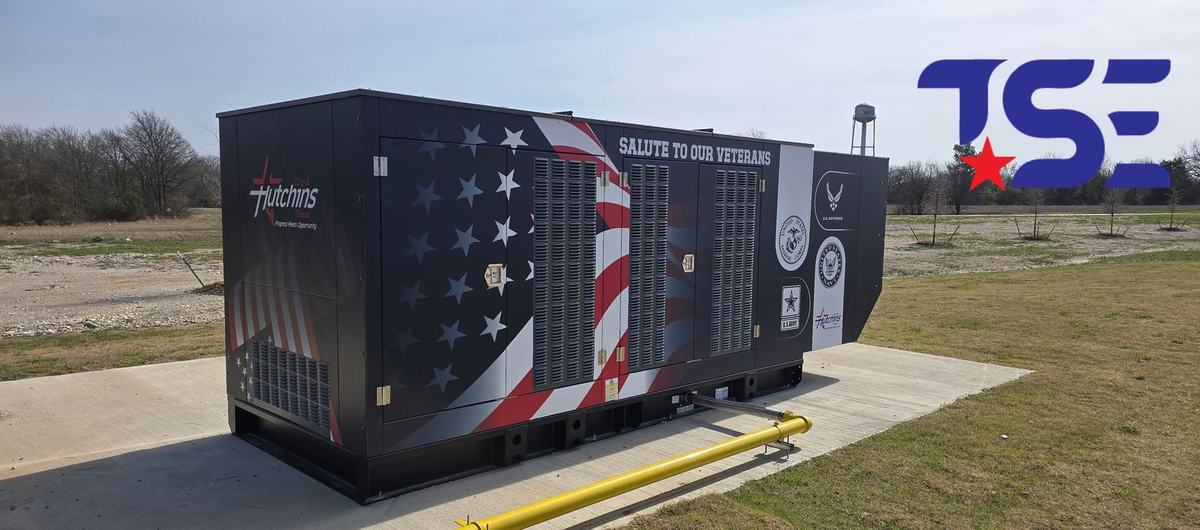 Commercial standby generator with a Salute to Our Veterans wrap installed by Tex-Star Electric