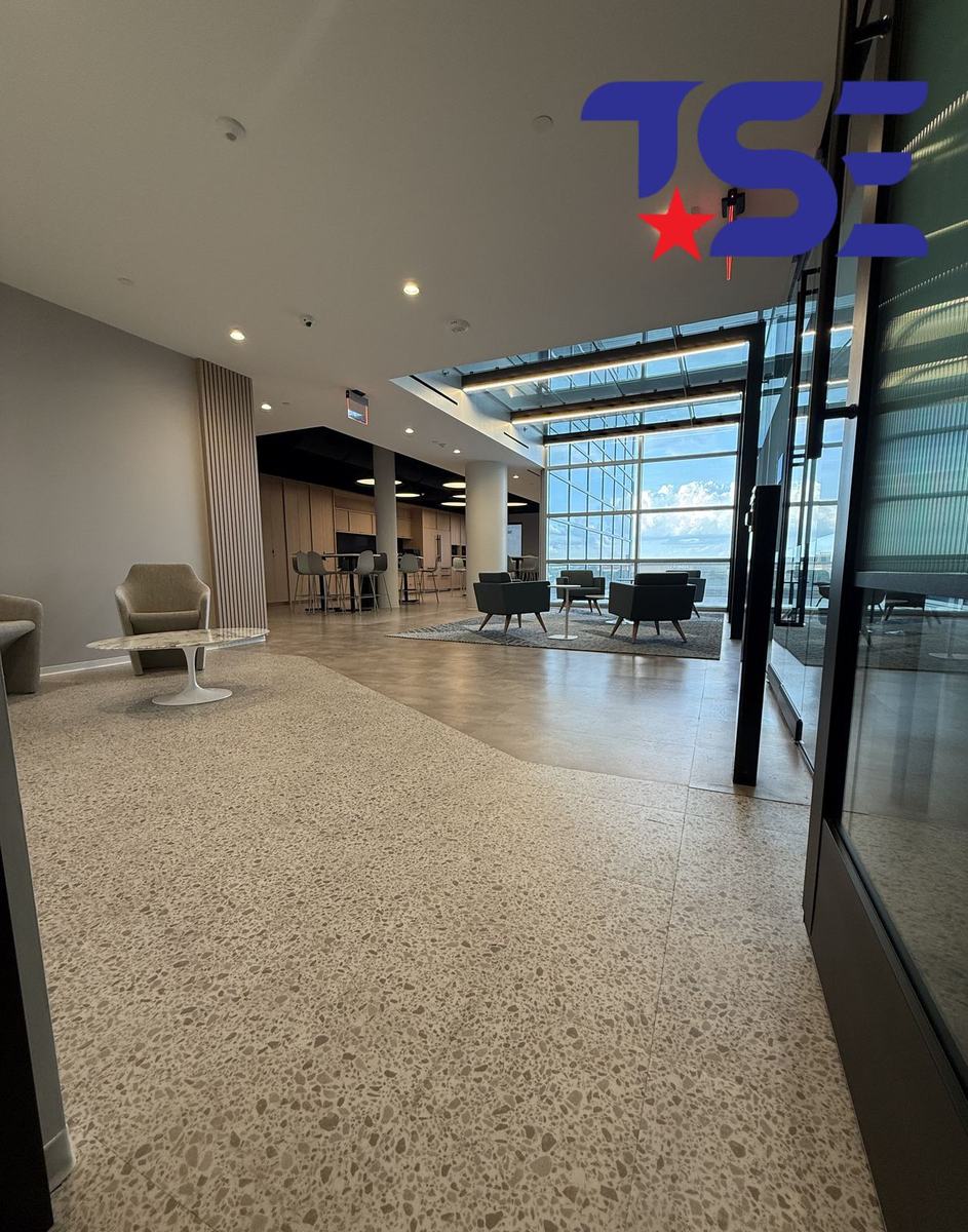 Finished office lobby with recessed lighting